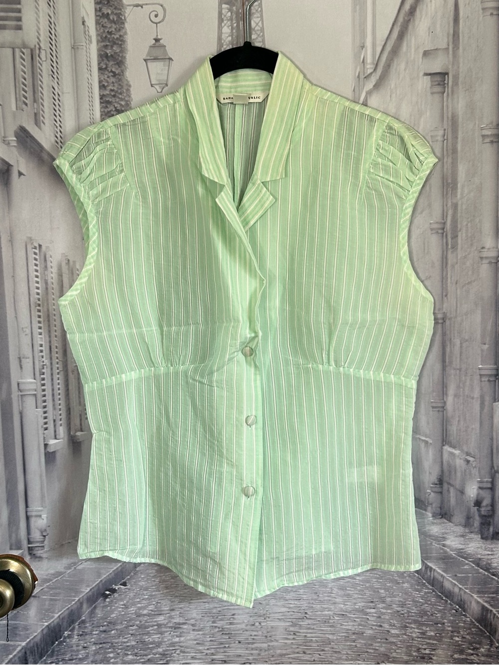 Mint Green Striped Cap-Sleeve Button Front Top
